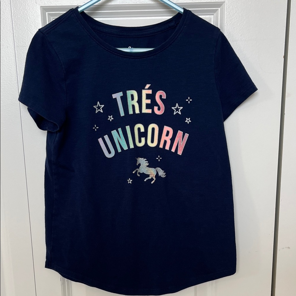 SO Navy Short Sleeve Tee with Pastel Rainbow 'TRÉS UNICORN' Graphic